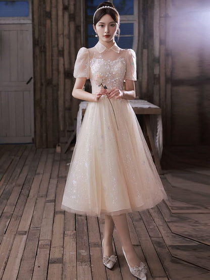 Gown (Various Evening Floral Puff-Sleeve Sequined Designs) Square-Neck A-Line