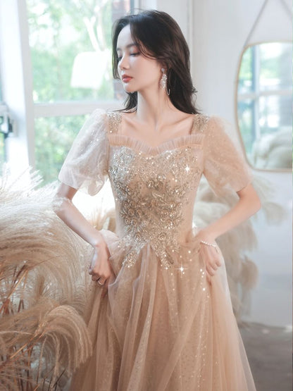 Designs) Evening Floral (Various Gown Puff-Sleeve Square-Neck A-Line Sequined