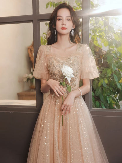 Designs) Evening Floral (Various Gown Puff-Sleeve Square-Neck A-Line Sequined