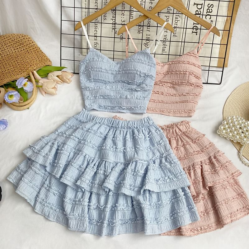 Set: Plain Lace Crop Cami Top + Elastic Waist Tiered Mini A-Line Skirt