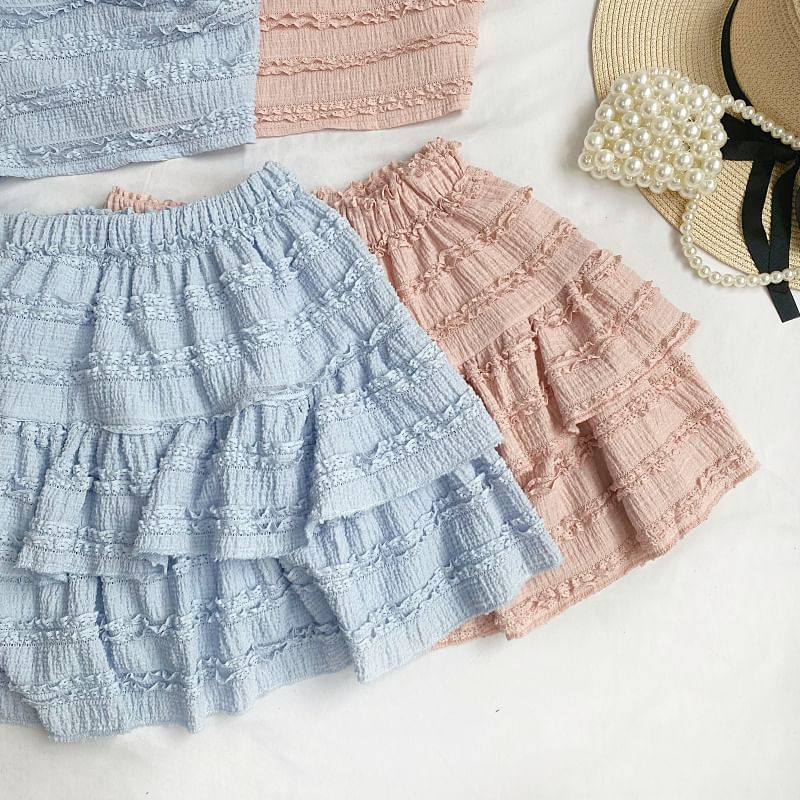 Set: Plain Lace Crop Cami Top + Elastic Waist Tiered Mini A-Line Skirt