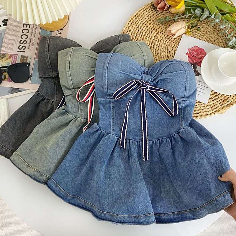 Bow Peplum Washed Denim Tube Top