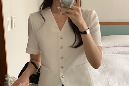 Short-Sleeve V-Neck Plain Button Jacket