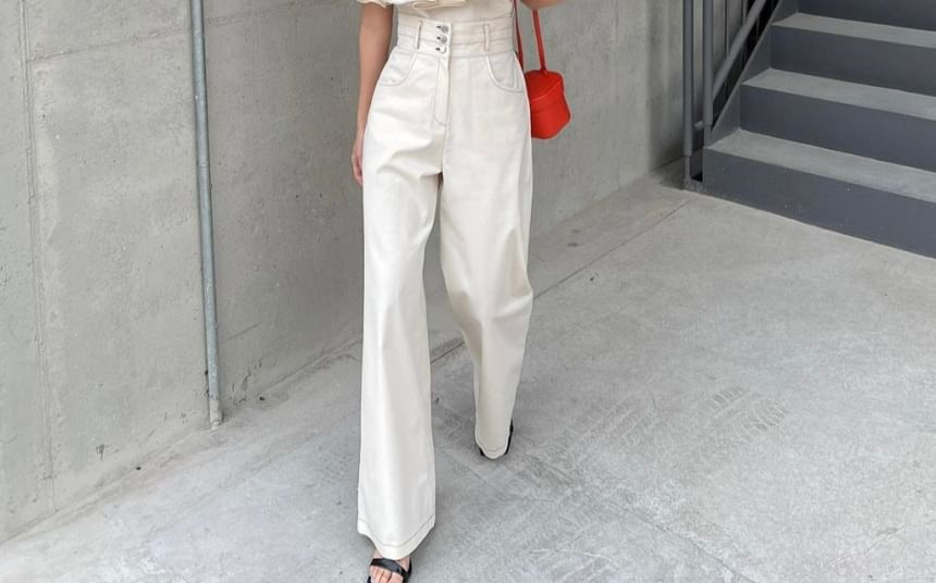 Short-Sleeve Cold-Shoulder Ruffle Trim Blouse / High Rise Wide Leg Pants