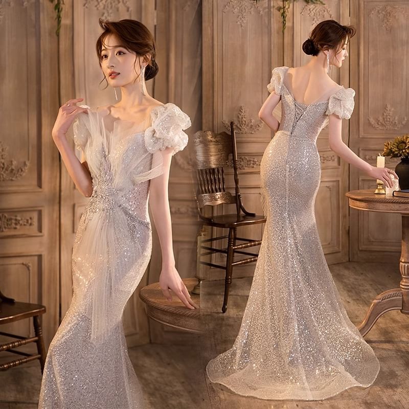 Mermaid Evening Sequin Mesh V-Neck Panel Gown Puff-Sleeve