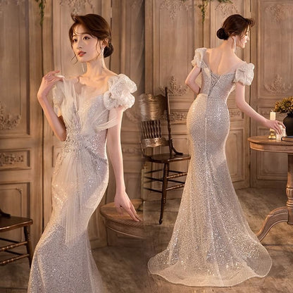 Mermaid Evening Sequin Mesh V-Neck Panel Gown Puff-Sleeve