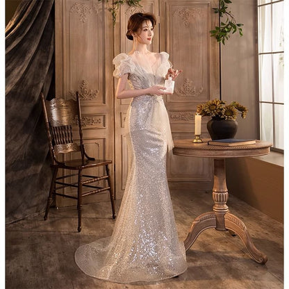 Mermaid Evening Sequin Mesh V-Neck Panel Gown Puff-Sleeve