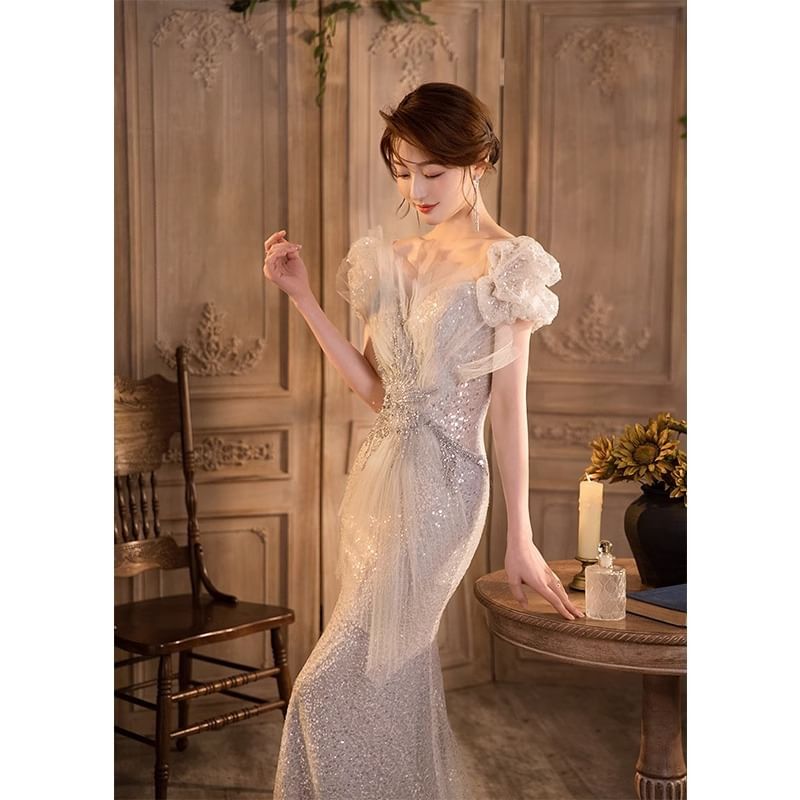 Mermaid Evening Sequin Mesh V-Neck Panel Gown Puff-Sleeve