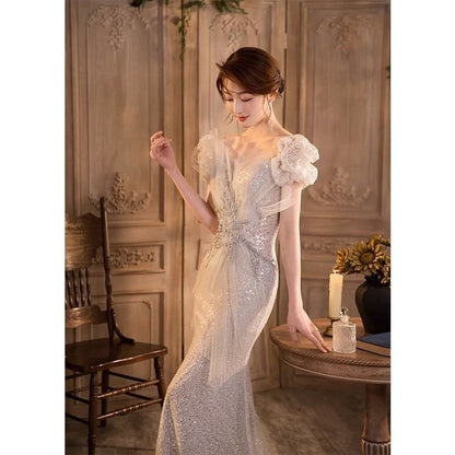 Mermaid Evening Sequin Mesh V-Neck Panel Gown Puff-Sleeve