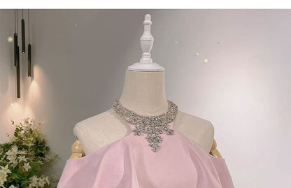 Short-Sleeve Mermaid Evening Shoulder Halter Neck Accent Rhinestone Cold Plain Gown