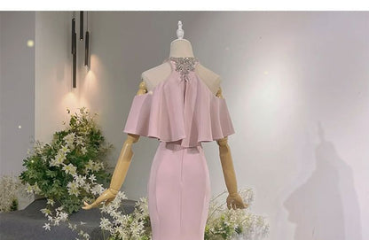 Short-Sleeve Mermaid Evening Shoulder Halter Neck Accent Rhinestone Cold Plain Gown