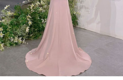 Short-Sleeve Halter Neck Cold Shoulder Plain Rhinestone Accent Mermaid Evening Gown