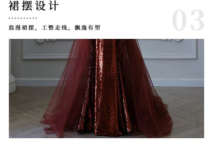 Strapless Sequin Mesh Panel Floral Rhinestone Accent Trained Mermaid Evening Gown