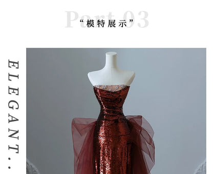 Strapless Sequin Mesh Panel Floral Rhinestone Accent Trained Mermaid Evening Gown