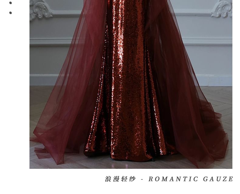 Strapless Sequin Mesh Panel Floral Rhinestone Accent Trained Mermaid Evening Gown