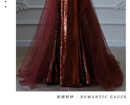 Strapless Sequin Mesh Panel Floral Rhinestone Accent Trained Mermaid Evening Gown