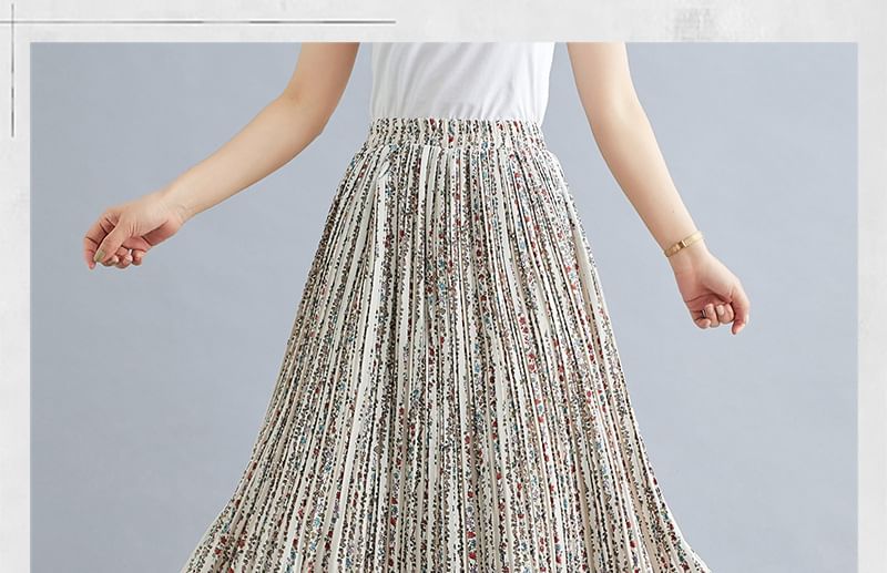 Elastic Waist Floral Print Accordion Pleated Maxi A-Line Skirt