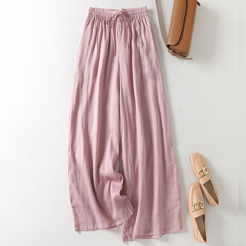 Drawstring Waist Plain Wide Leg Pants