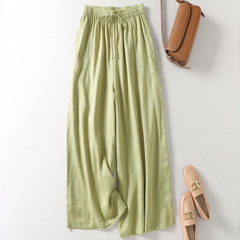 Drawstring Waist Plain Wide Leg Pants