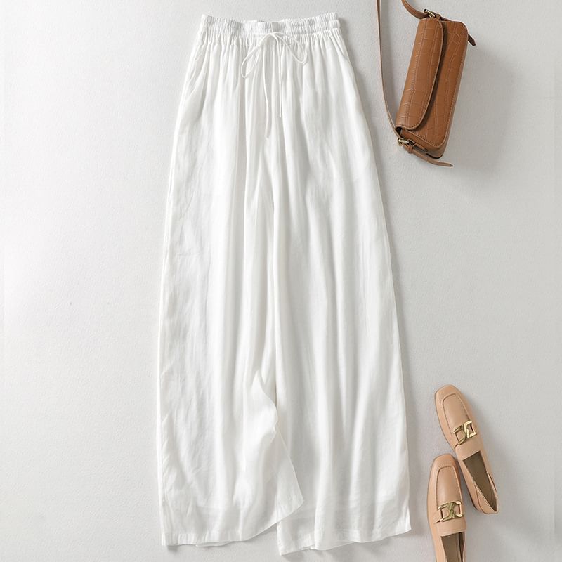 Drawstring Waist Plain Wide Leg Pants