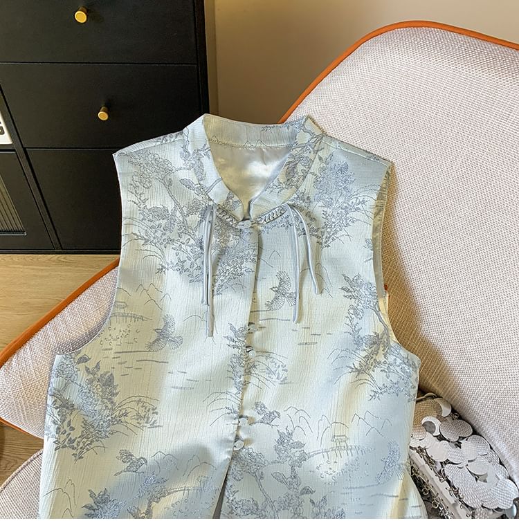 Mandarin Collar Floral Jacquard Frog Closure Vest