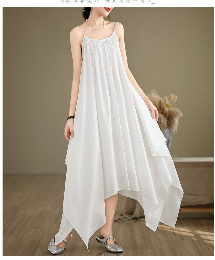 Spaghetti Strap Plain Asymmetrical A-Line Dress