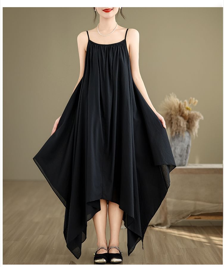 Spaghetti Strap Plain Asymmetrical A-Line Dress