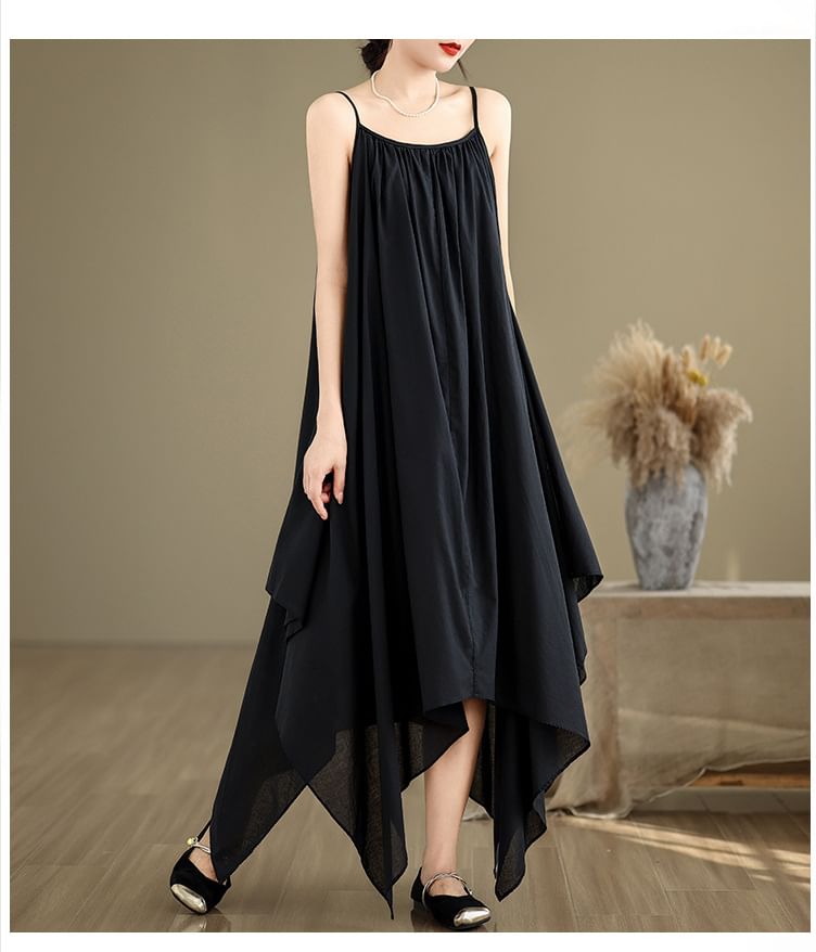 Spaghetti Strap Plain Asymmetrical A-Line Dress