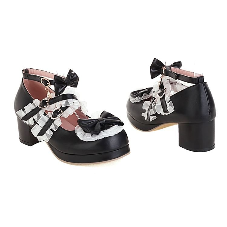 Bow Strappy Ruffle Platform Chunky Heel Mary Jane Pumps