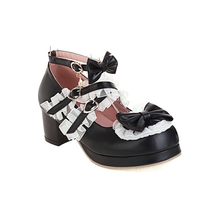 Bow Strappy Ruffle Platform Chunky Heel Mary Jane Pumps
