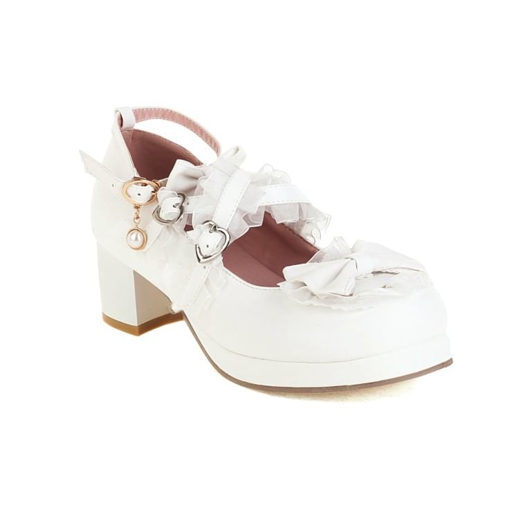 Bow Strappy Ruffle Platform Chunky Heel Mary Jane Pumps