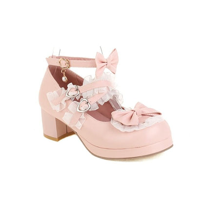 Bow Strappy Ruffle Platform Chunky Heel Mary Jane Pumps