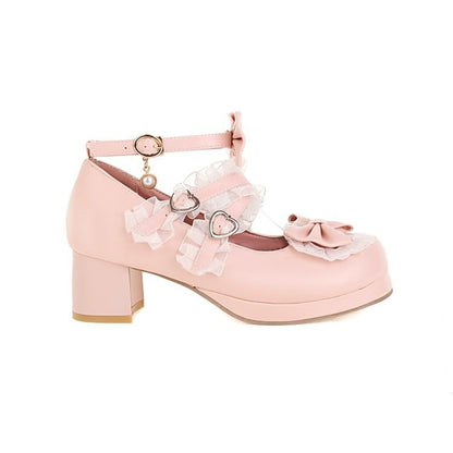 Bow Strappy Ruffle Platform Chunky Heel Mary Jane Pumps