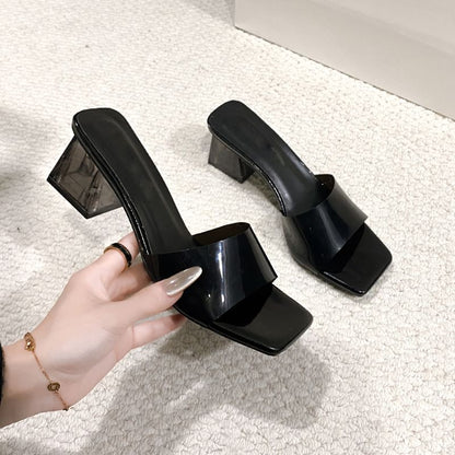 PVC Strap Chunky Heel Slide Sandals