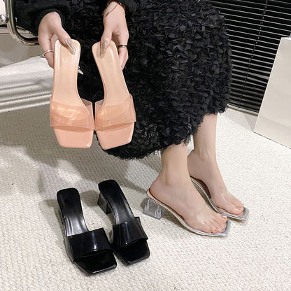 PVC Strap Chunky Heel Slide Sandals