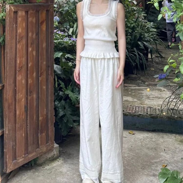 Mid Rise Plain Lace Panel Wide Leg Pants