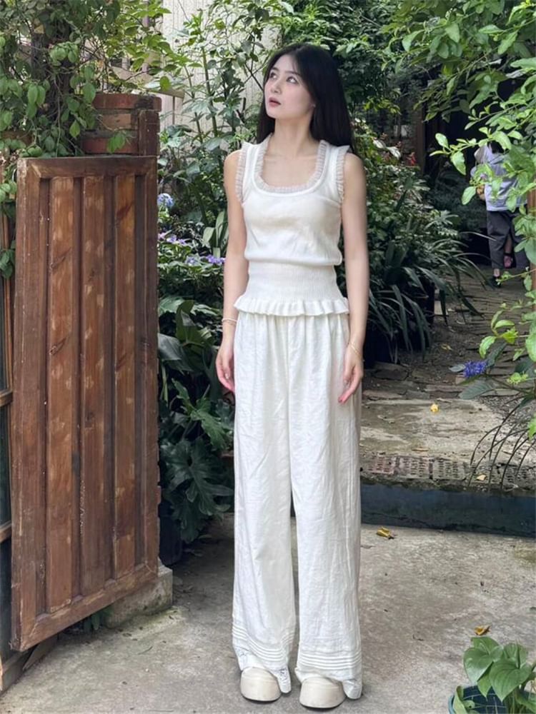 Mid Rise Plain Lace Panel Wide Leg Pants