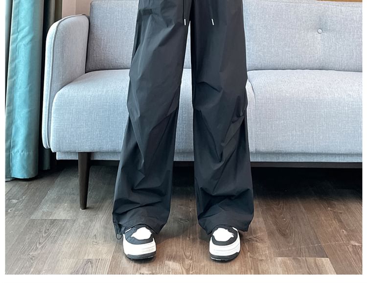 Drawstring Waist Plain Wide Leg Cargo Pants