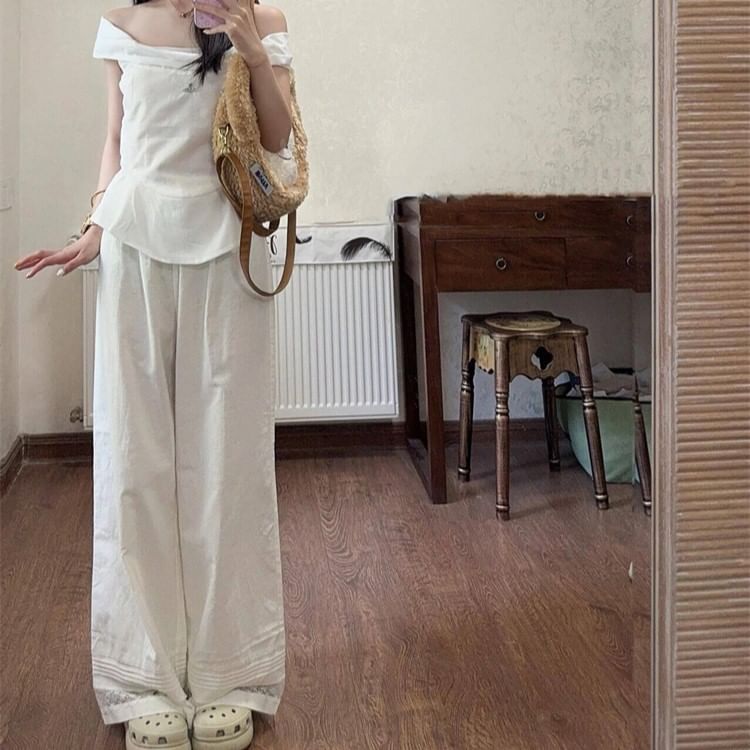 Mid Waist Plain Lace Panel Wide Leg Pants