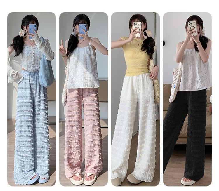 Elastic Waist Plain Frill Wide Leg Pants