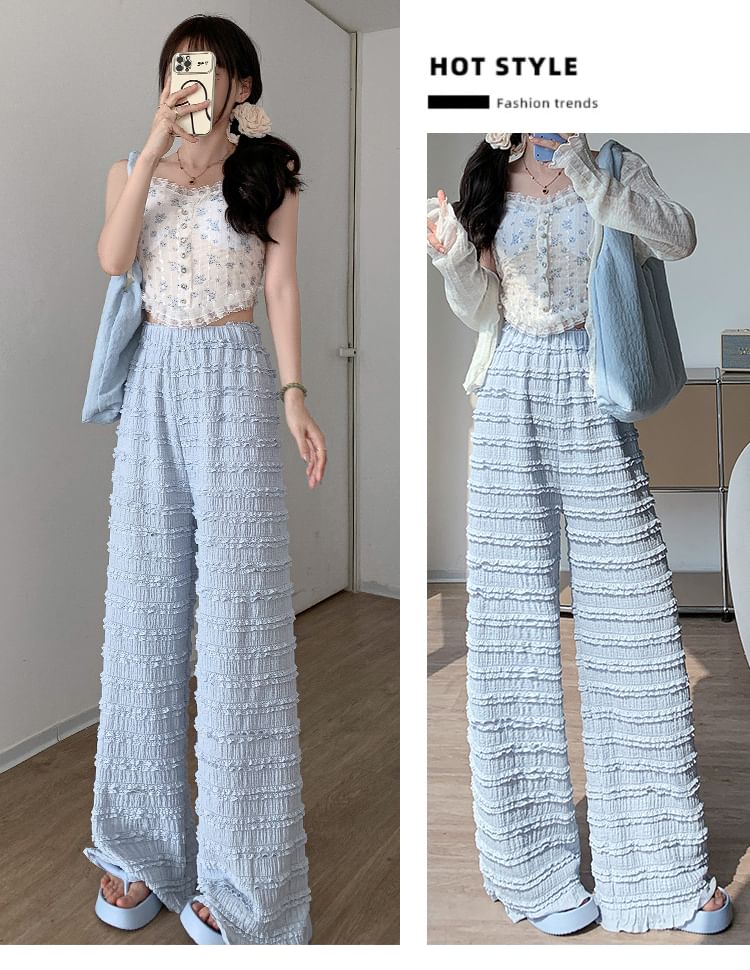 Elastic Waist Plain Frill Wide Leg Pants