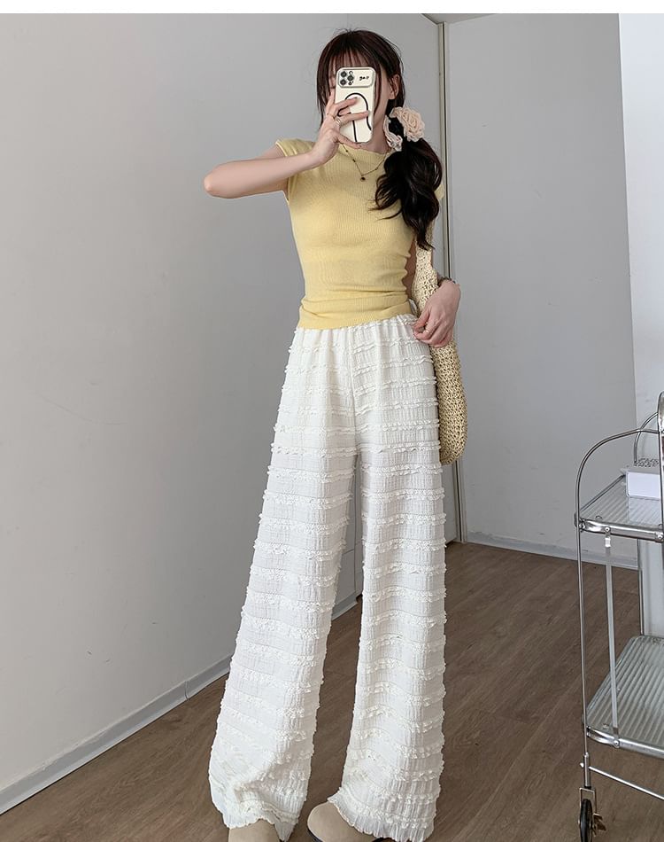 Elastic Waist Plain Frill Wide Leg Pants