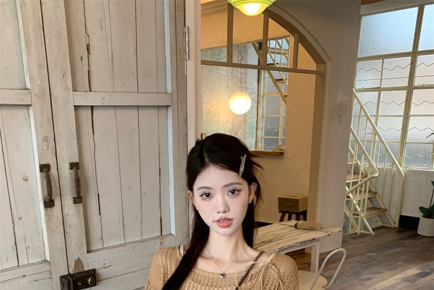 Plain Tassel Detail Cropped Sweater / Cami Top / Mid Rise Distressed Asymmetrical Mini A-Line Skirt / Beaded Waist Chain