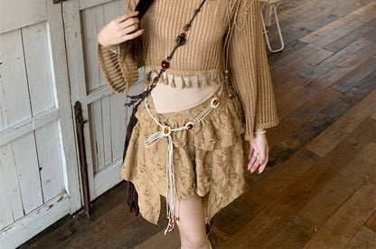 Plain Tassel Detail Cropped Sweater / Cami Top / Mid Rise Distressed Asymmetrical Mini A-Line Skirt / Beaded Waist Chain