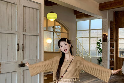 Plain Tassel Detail Cropped Sweater / Cami Top / Mid Rise Distressed Asymmetrical Mini A-Line Skirt / Beaded Waist Chain