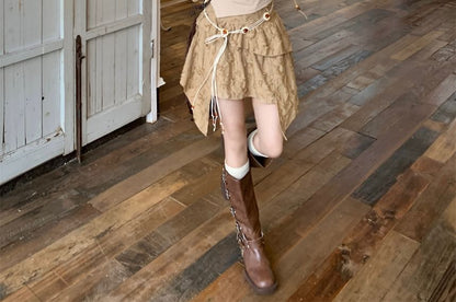 Plain Tassel Detail Cropped Sweater / Cami Top / Mid Rise Distressed Asymmetrical Mini A-Line Skirt / Beaded Waist Chain