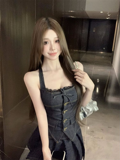 Lace Trim Button-Up Denim Halter Top / Mid Low Rise Pleated Mini A-Line Skirt