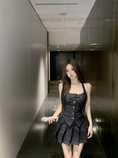 Lace Trim Button-Up Denim Halter Top / Mid Low Rise Pleated Mini A-Line Skirt