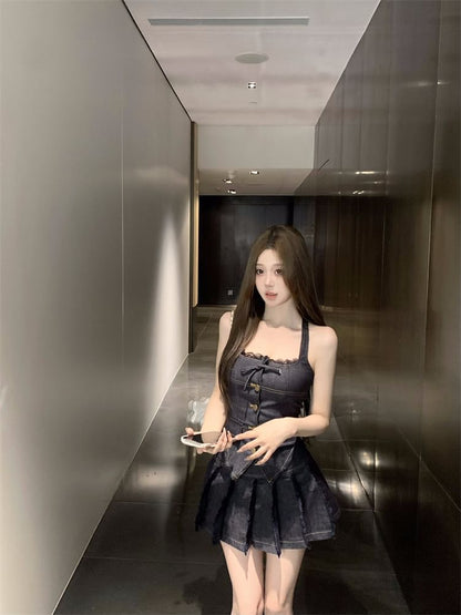 Lace Trim Button-Up Denim Halter Top / Mid Low Rise Pleated Mini A-Line Skirt