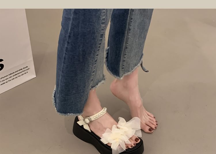 Platform Wedge Heel Faux Pearl Mesh Ruffle Sandals